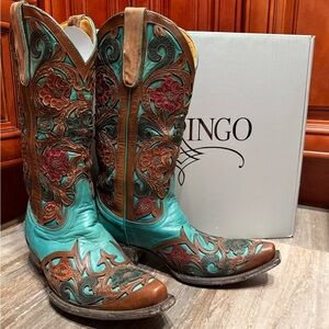 Old Gringo Abelina Turquoise Brown Floral Hand-Tooled Western Cowboy Boots Rodeo